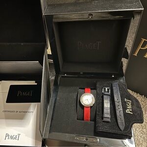 Piaget Possession 29mm silver Diamond dial Blue + Red Alligator leather strap